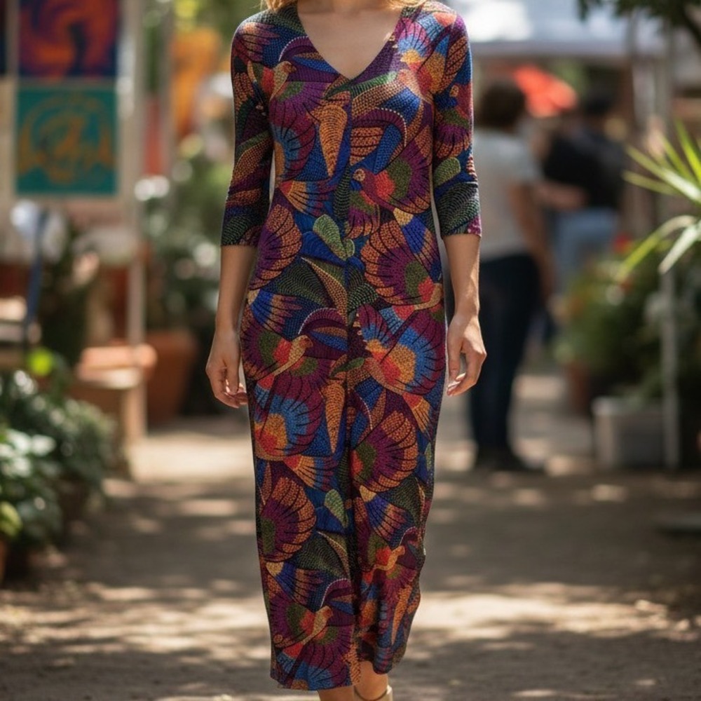 Farm Rio Midi Dress Women Size M Multicolor Parrot Bird Print Tropical Sheath